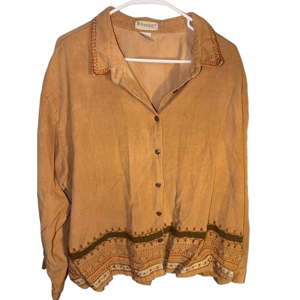 Dressbarn‎ Woman Tan Corduroy Embroidered Hem Button Down Shirt 3X T0595